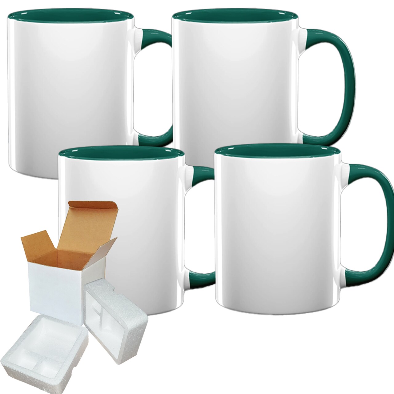 4-Pack of 11oz Sublimation Mugs with Hunter Green Inner And Handles, Includes Foam Shipping Box